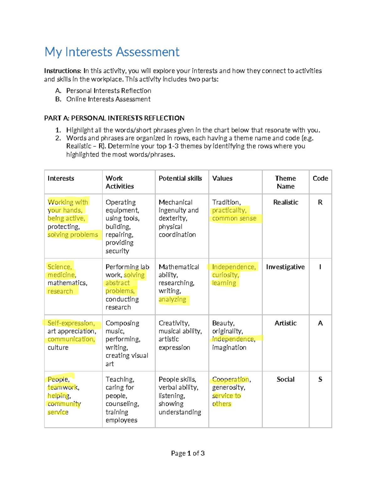 Interest Assessment Instructions & Reflection Worksheet - Studocu