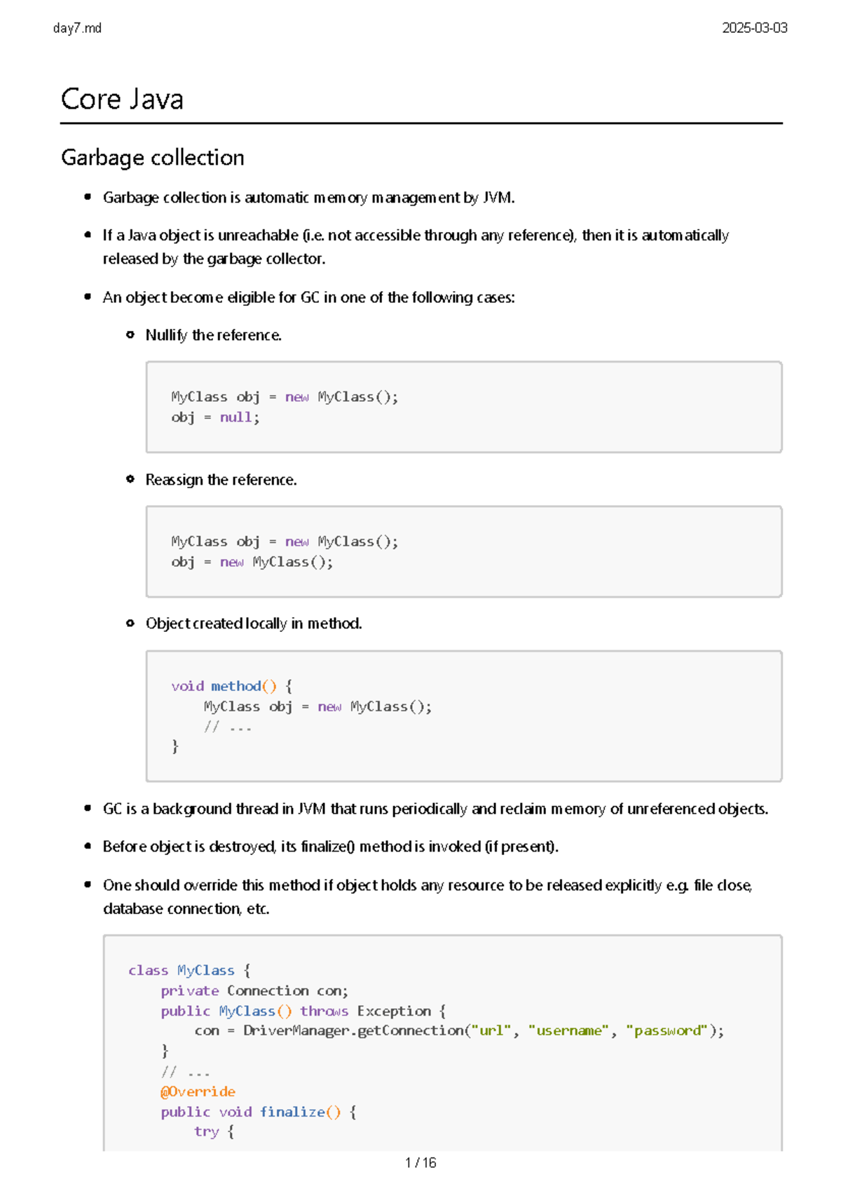 Day07 - notes - Core Java Garbage collection Garbage collection is ...