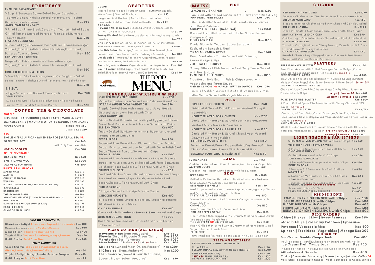 Olarro Food Menu - July 2024: Breakfast, Starters, Mains & Desserts ...
