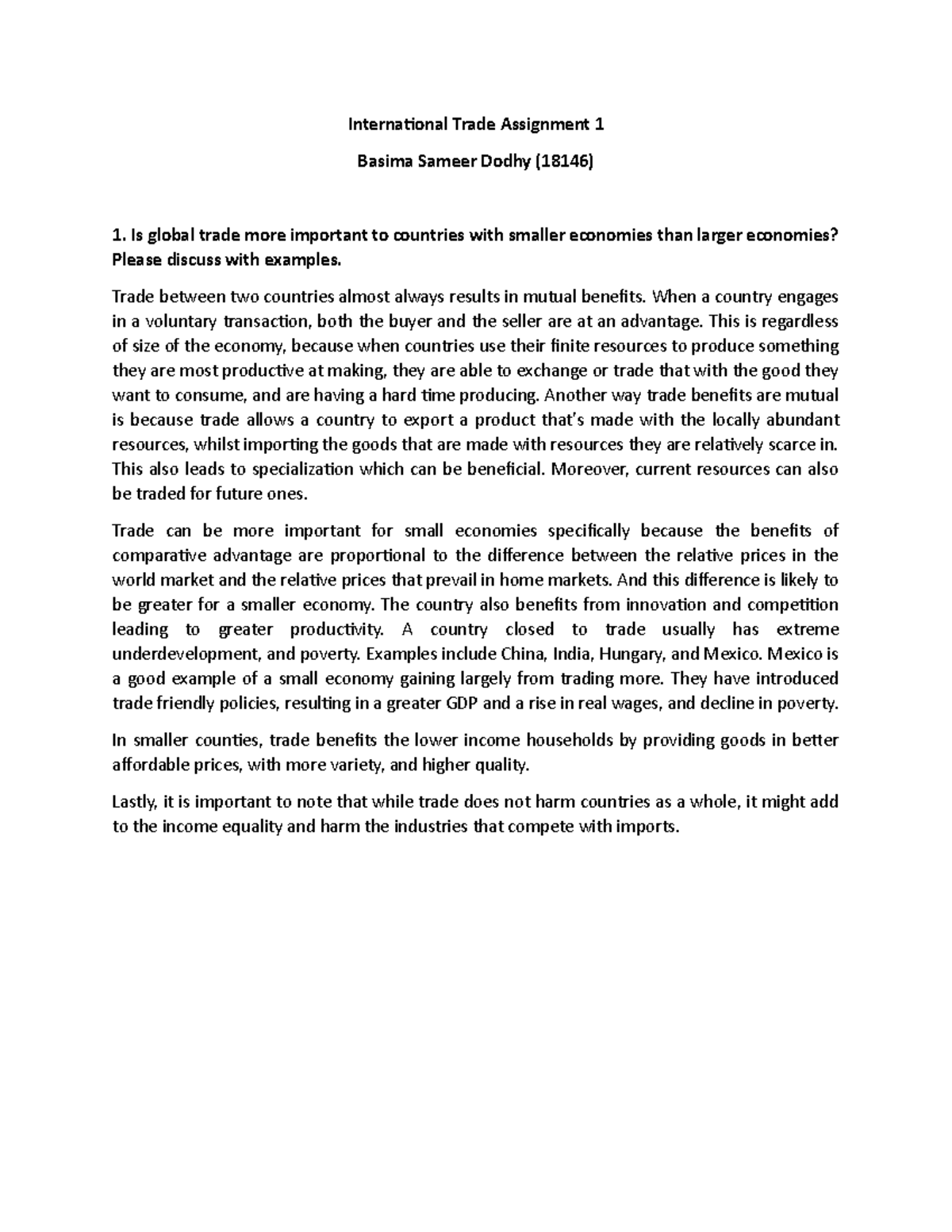 ITAssignment 1 Basima Dodhy(18146) - International Trade Assignment 1 ...