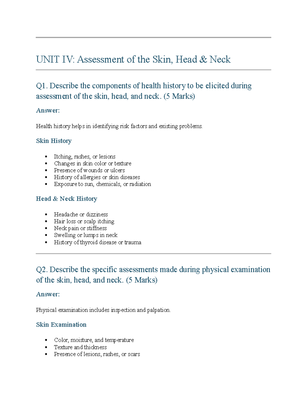 HA 3rd Sem: Unit IV - Skin, Head & Neck Assessment Notes - Studocu