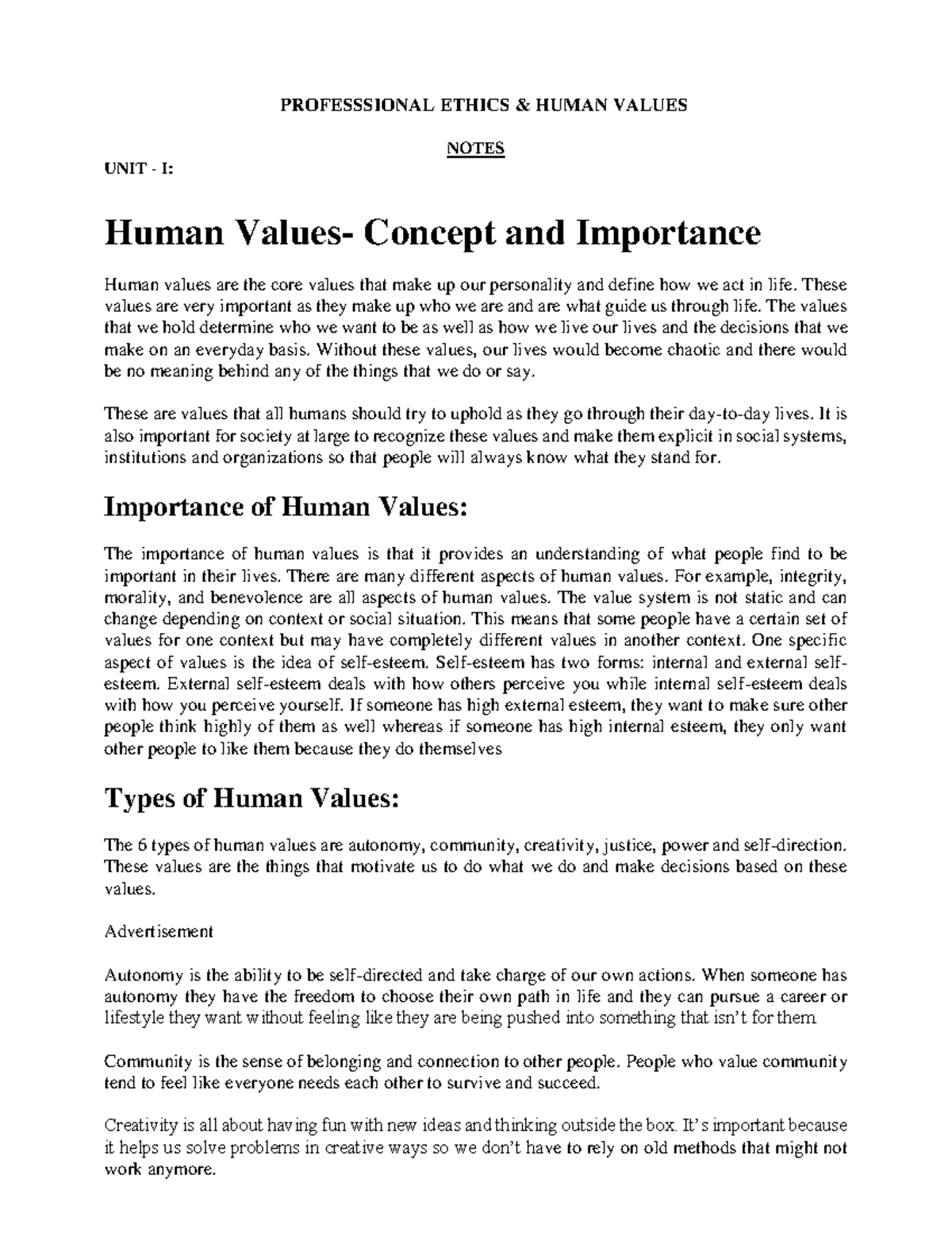 ETHICS 101: Human Values Notes - Unit I Overview and Importance - Studocu