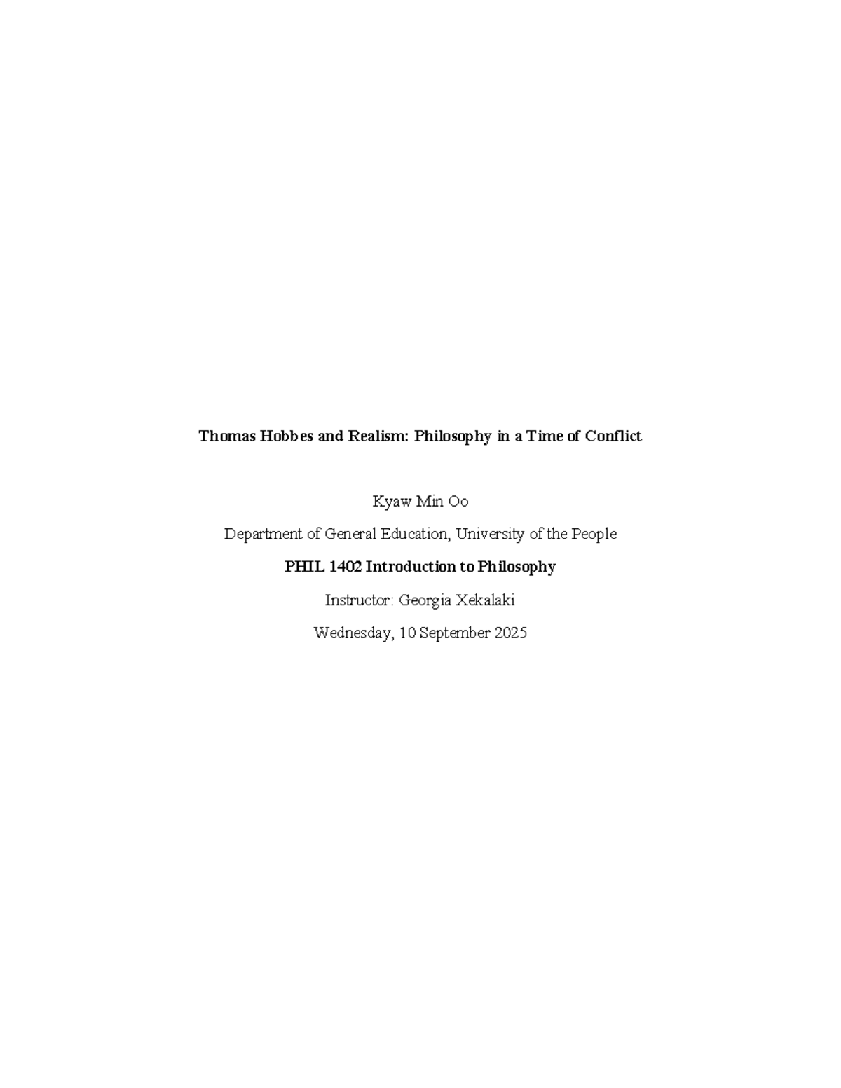 PHIL 1402 - Thomas Hobbes: Realism and Political Philosophy Insights ...