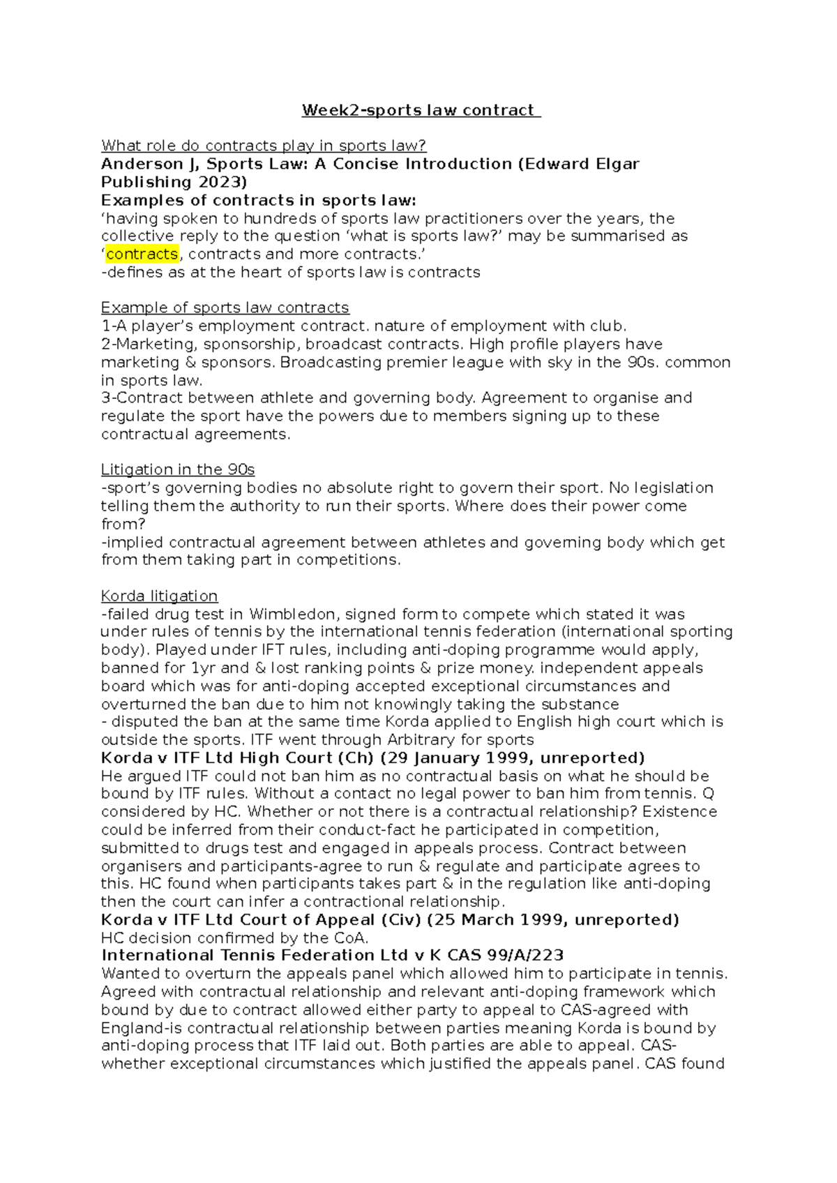 Sports Law 1: Week 2 - Understanding Contracts in Sports Law - Studocu