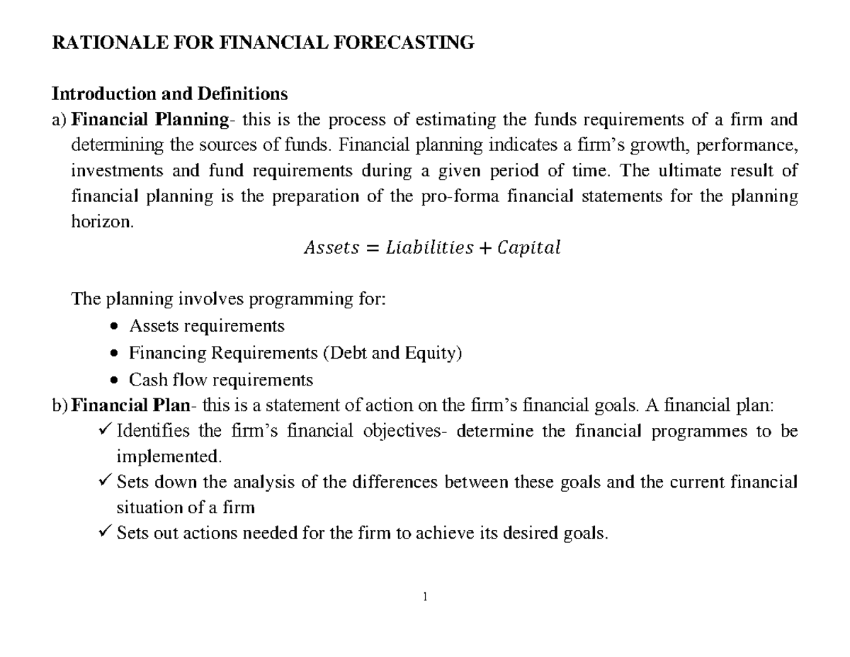 Rationale FOR Financial Forecasting - RATIONALE FOR FINANCIAL ...