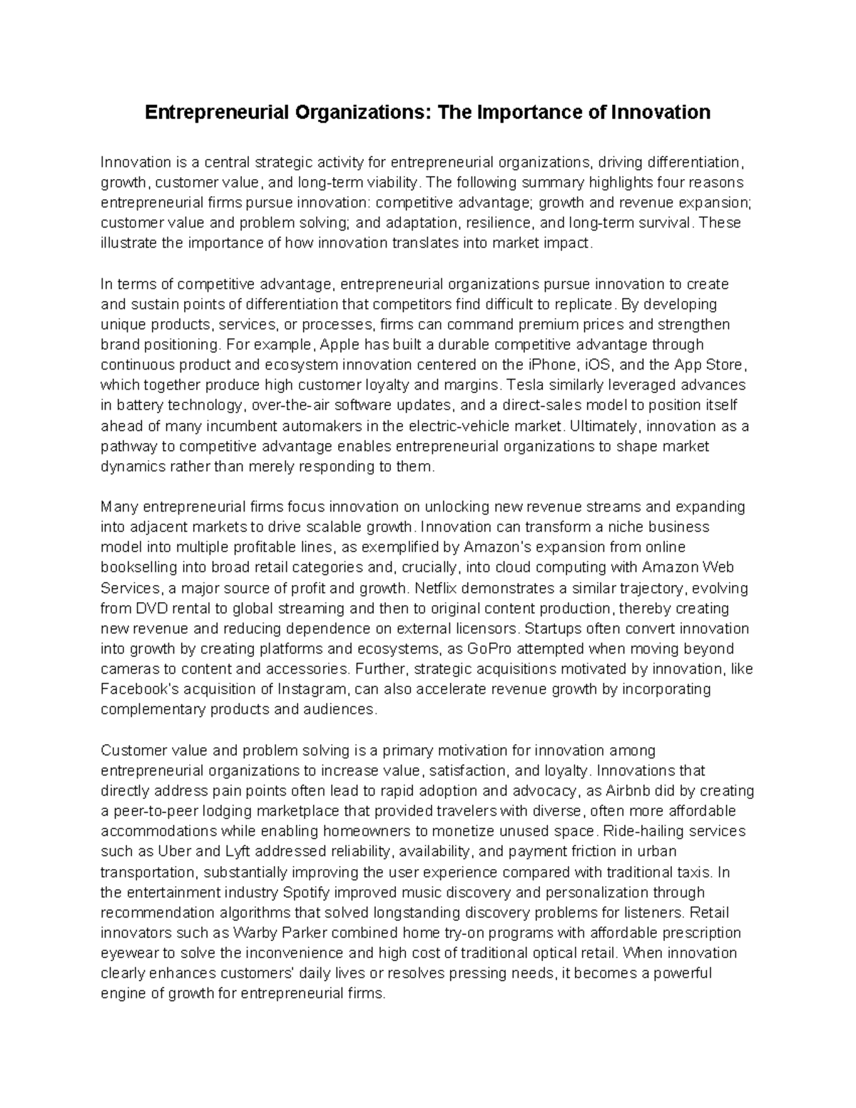 QHT1 Task 3 - The Role of Innovation in Entrepreneurial Organizations ...