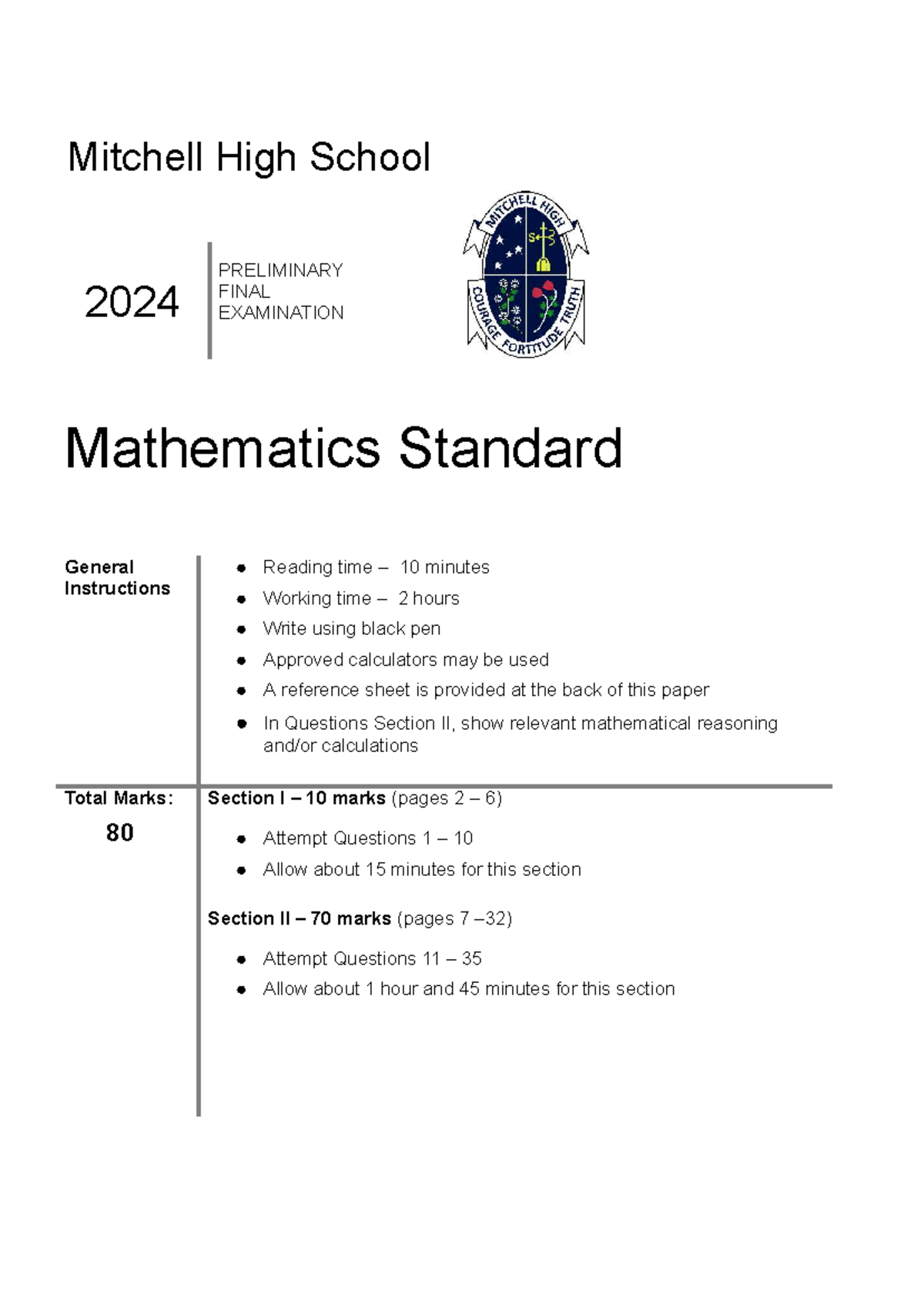 MHS Year 11 Final Exam Mathematics Standard 2024 Instructions ...