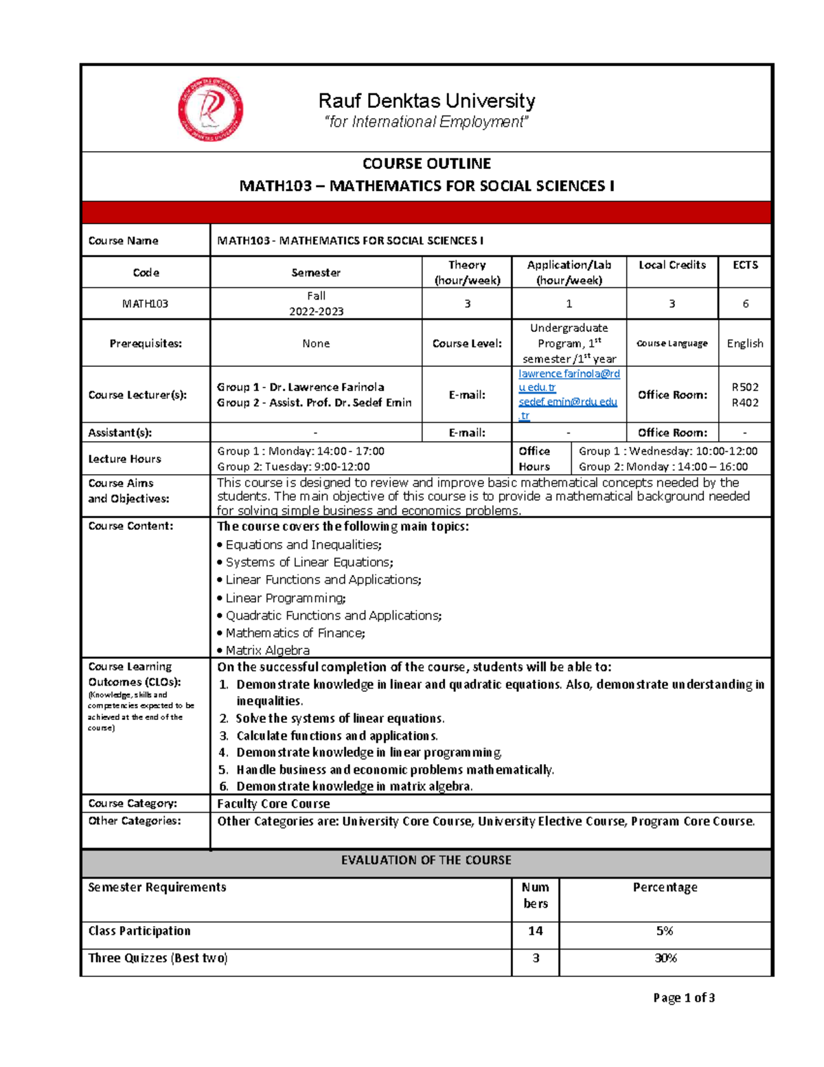 Fall 2022-2023 MATH103 Course Outline: Mathematics for Social Sciences ...