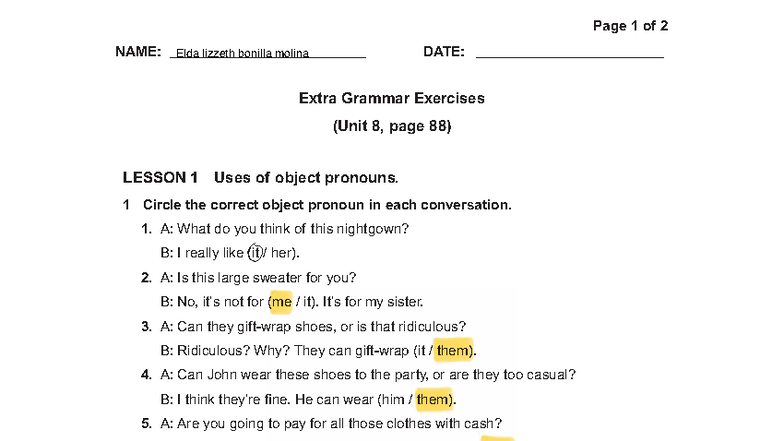 Top Notch 1: Unit 8 Extra Grammar Exercises - Studocu