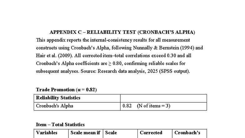 Appendix C – Reliability Test Results (Cronbach's Alpha) TLC - Studocu