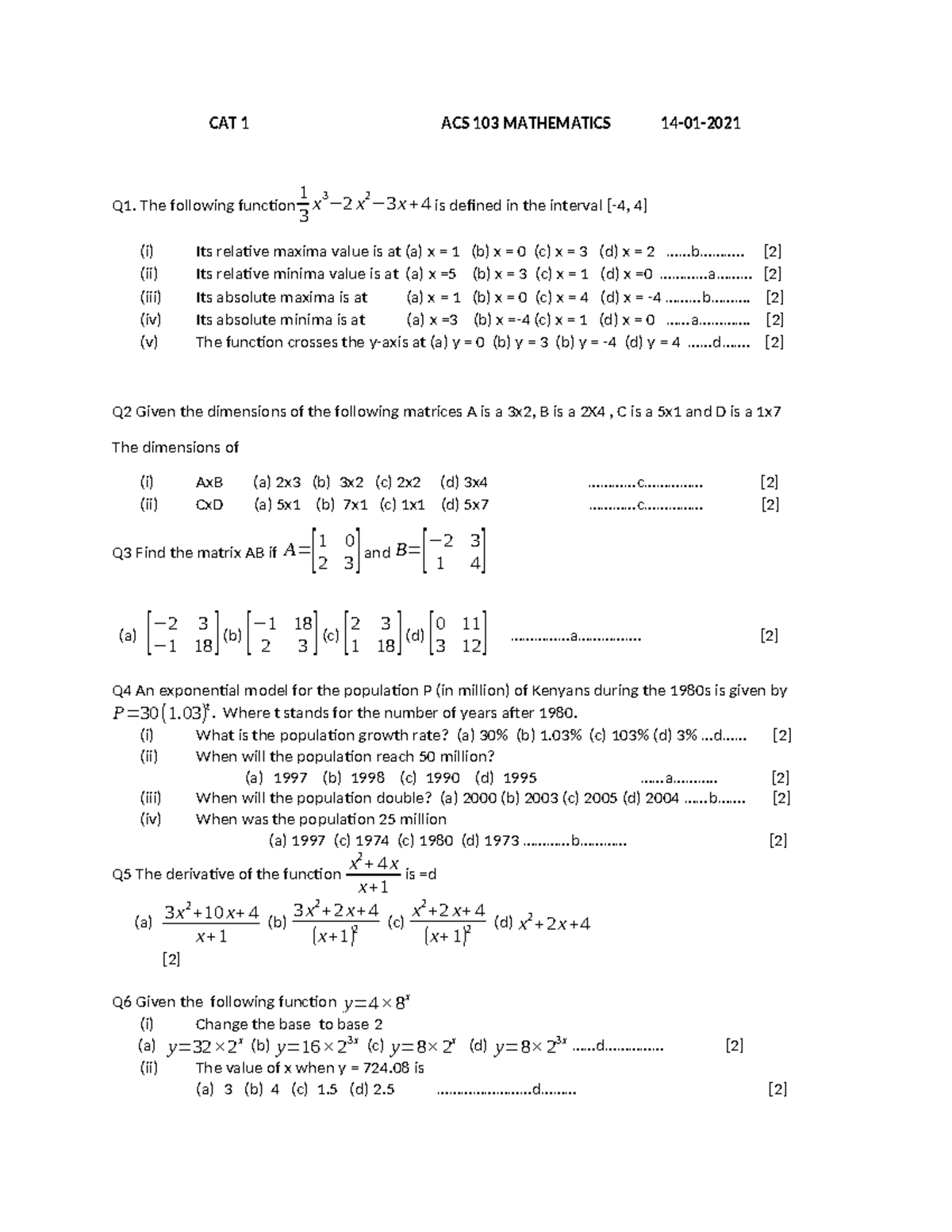 ACS 103 Mathematics 1: Comprehensive Lecture Notes - Studocu