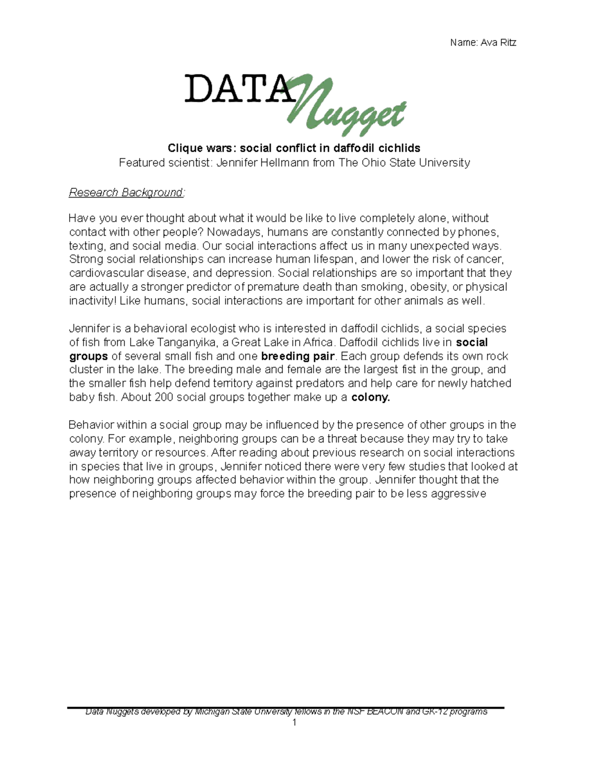 Case Study 2: Social Conflict in Daffodil Cichlids (BIO 101) - Studocu