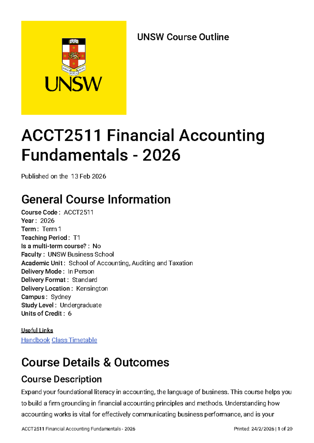 ACCT2511 Financial Accounting Fundamentals Course Outline 2026 T1 - Studocu
