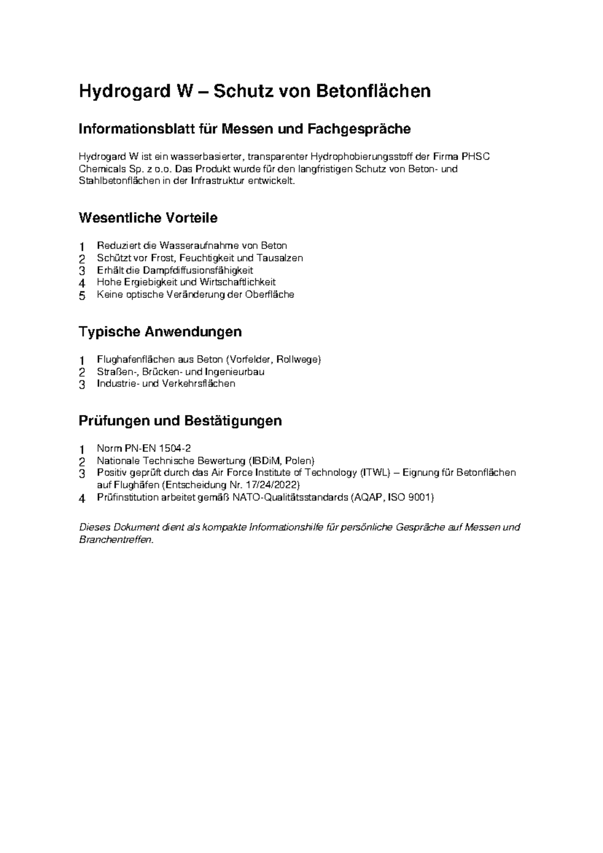 Hydrogard W Schutz von Betonflächen - Informationsblatt für Messen ...