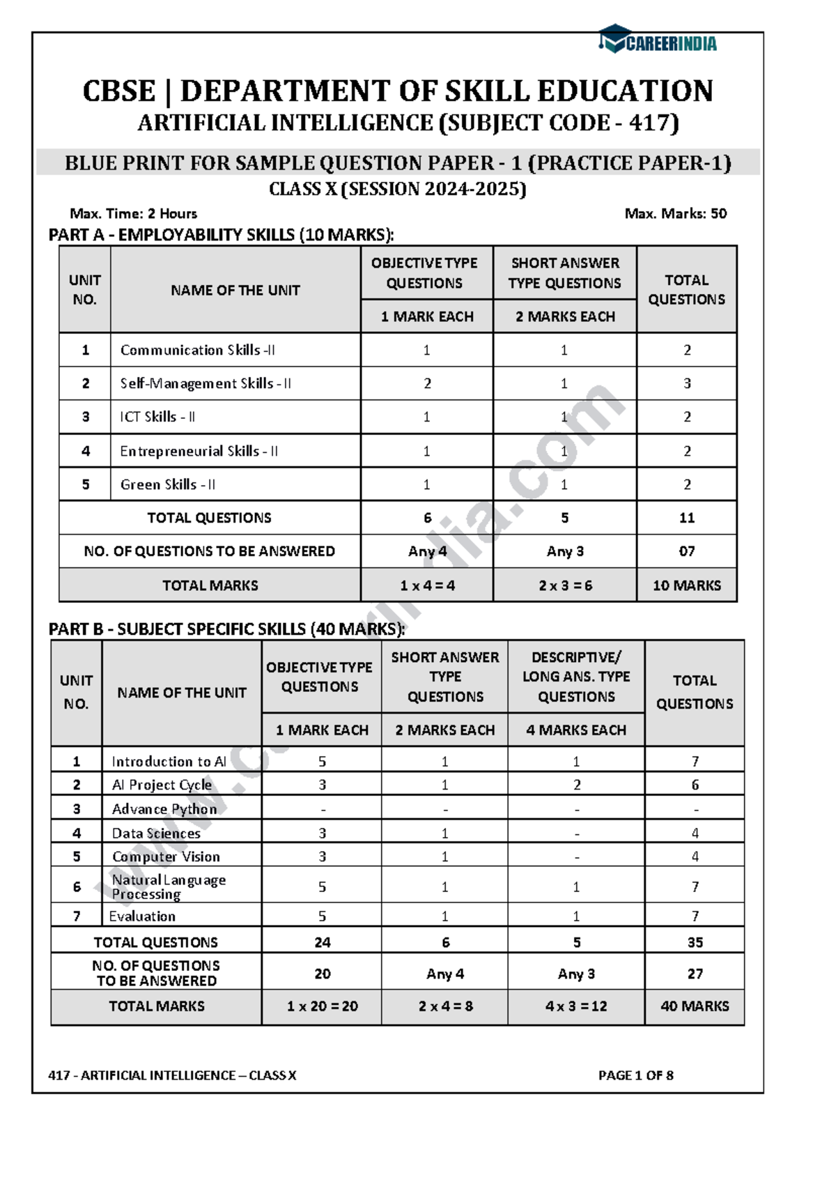CBSE Class 10 AI Sample Question Paper 2025 - Practice Paper 1 - Studocu