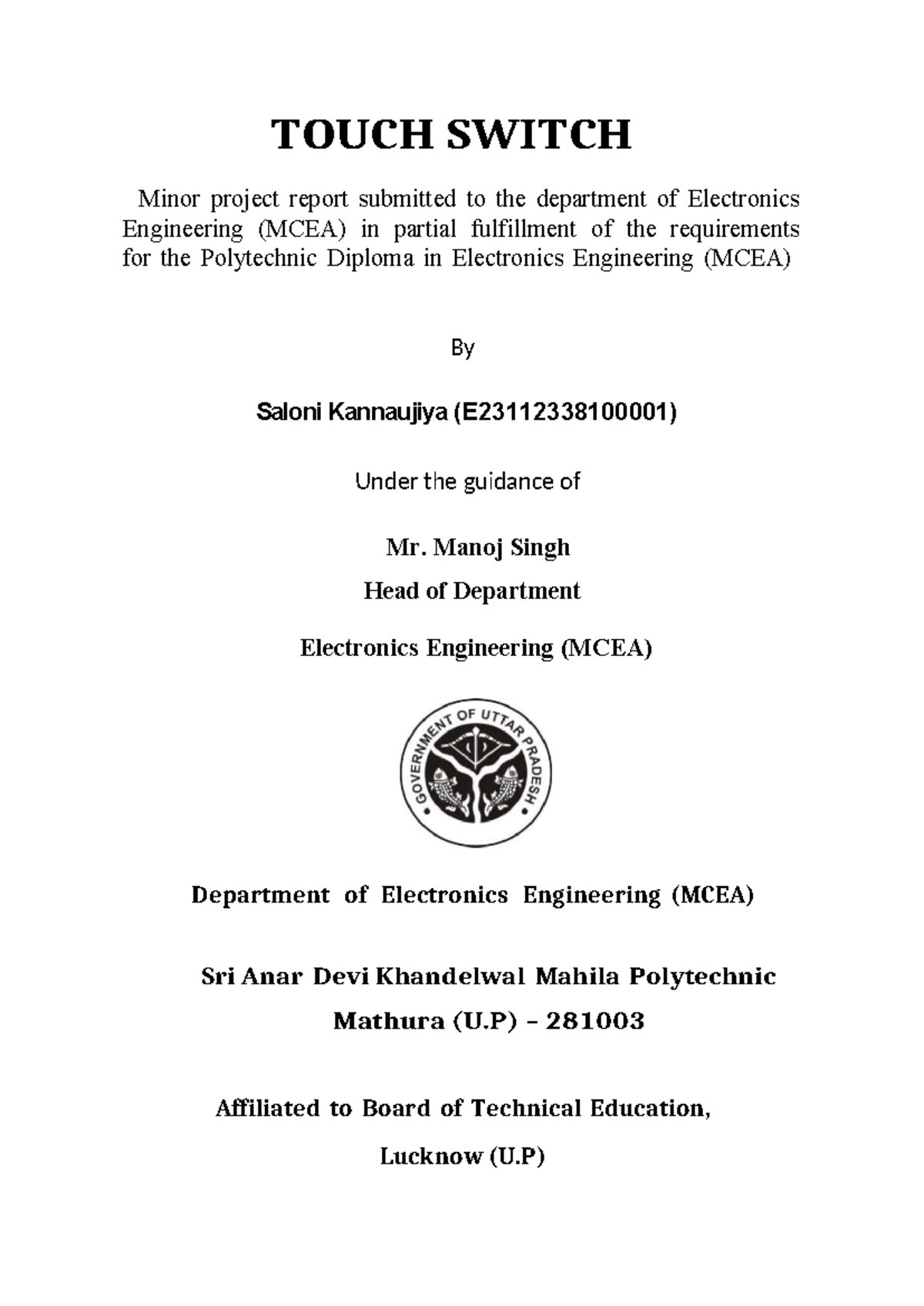 Touch Switch Minor Project Report - MCEA Electronics Engineering - Studocu