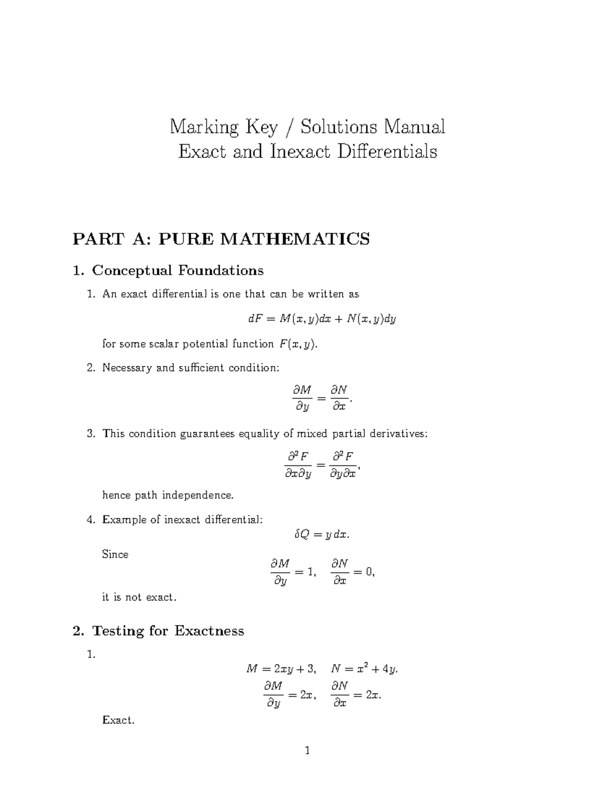 Marking Key Solutions Manual: Exact & Inexact Differentials (MATH 101 ...