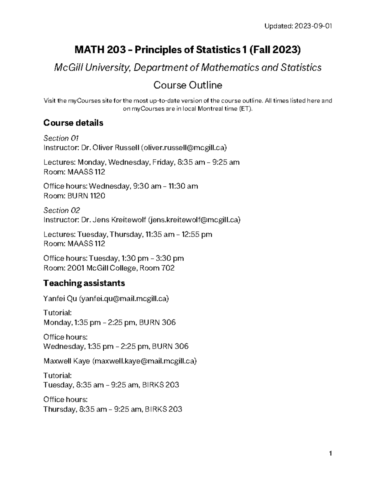 MATH203 Course Outline: Principles of Statistics 1 (Fall 2023) - Studocu