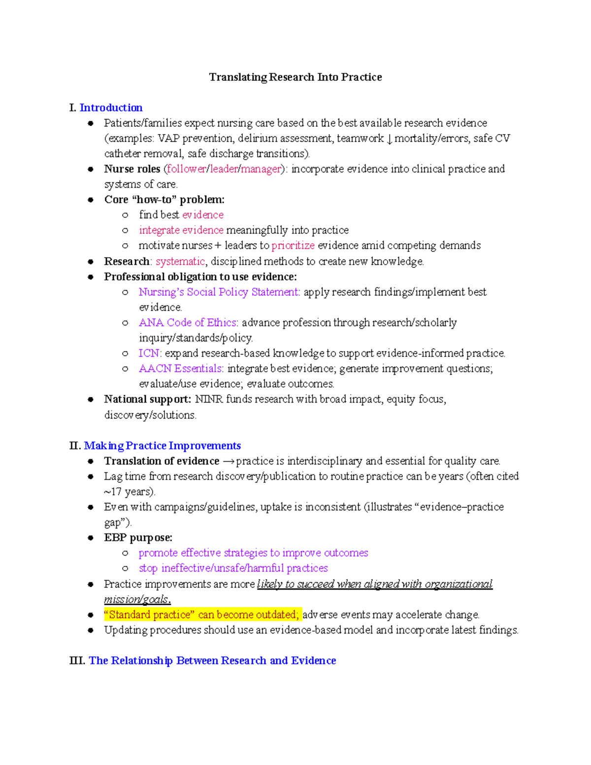 Translating Research Into Practice: Leadership Insights (NURS 101 ...