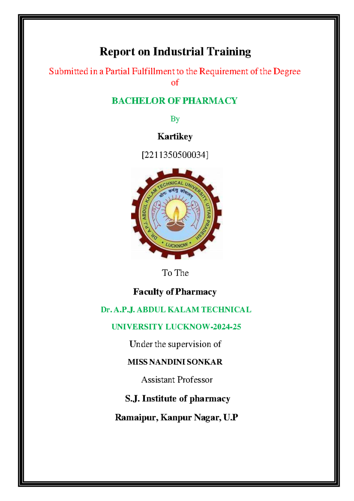 Industrial Training Report for B.Pharm - Kartikey - Document Preview