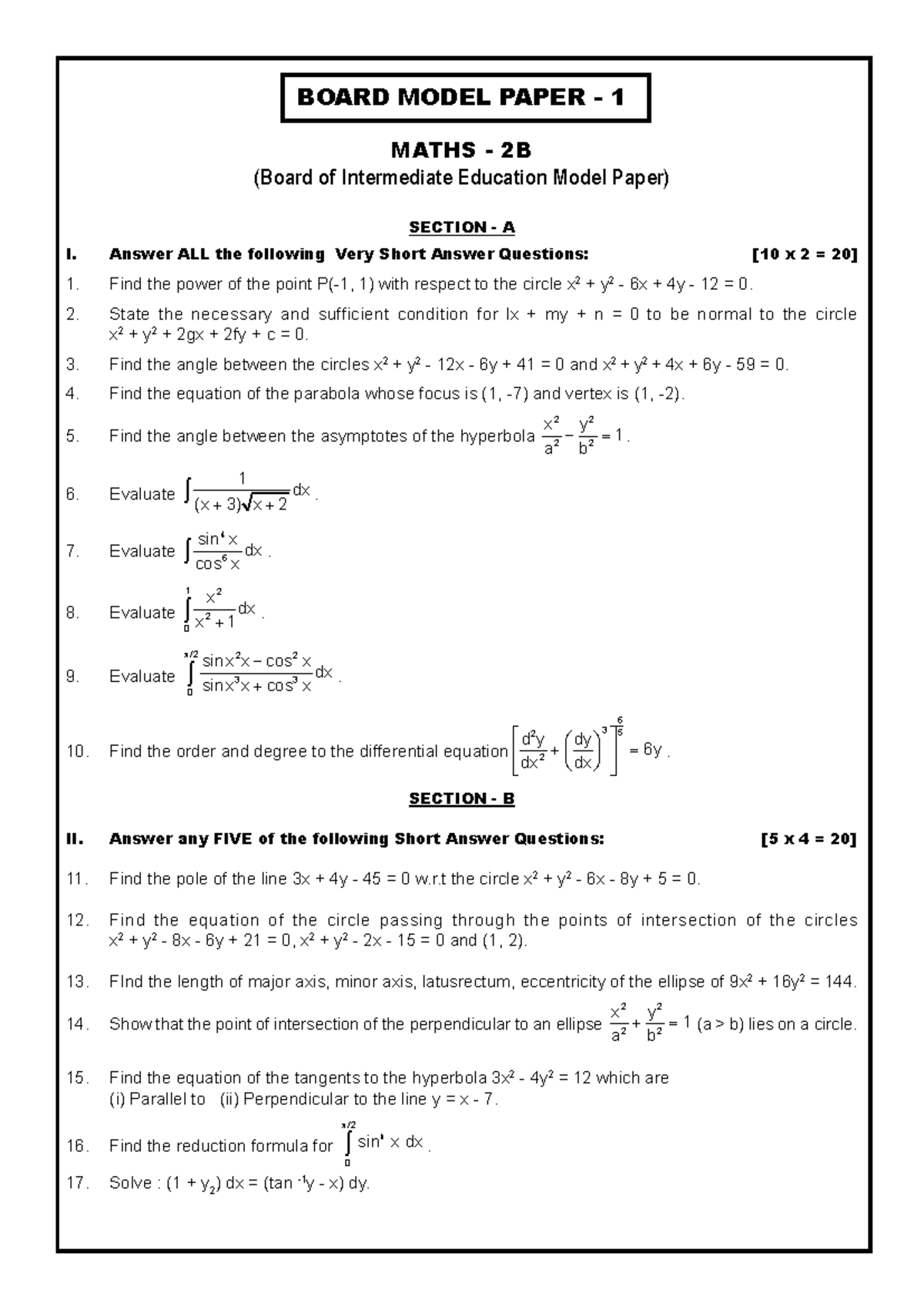2B Model Papers: Comprehensive Maths Practice and Solutions - Studocu