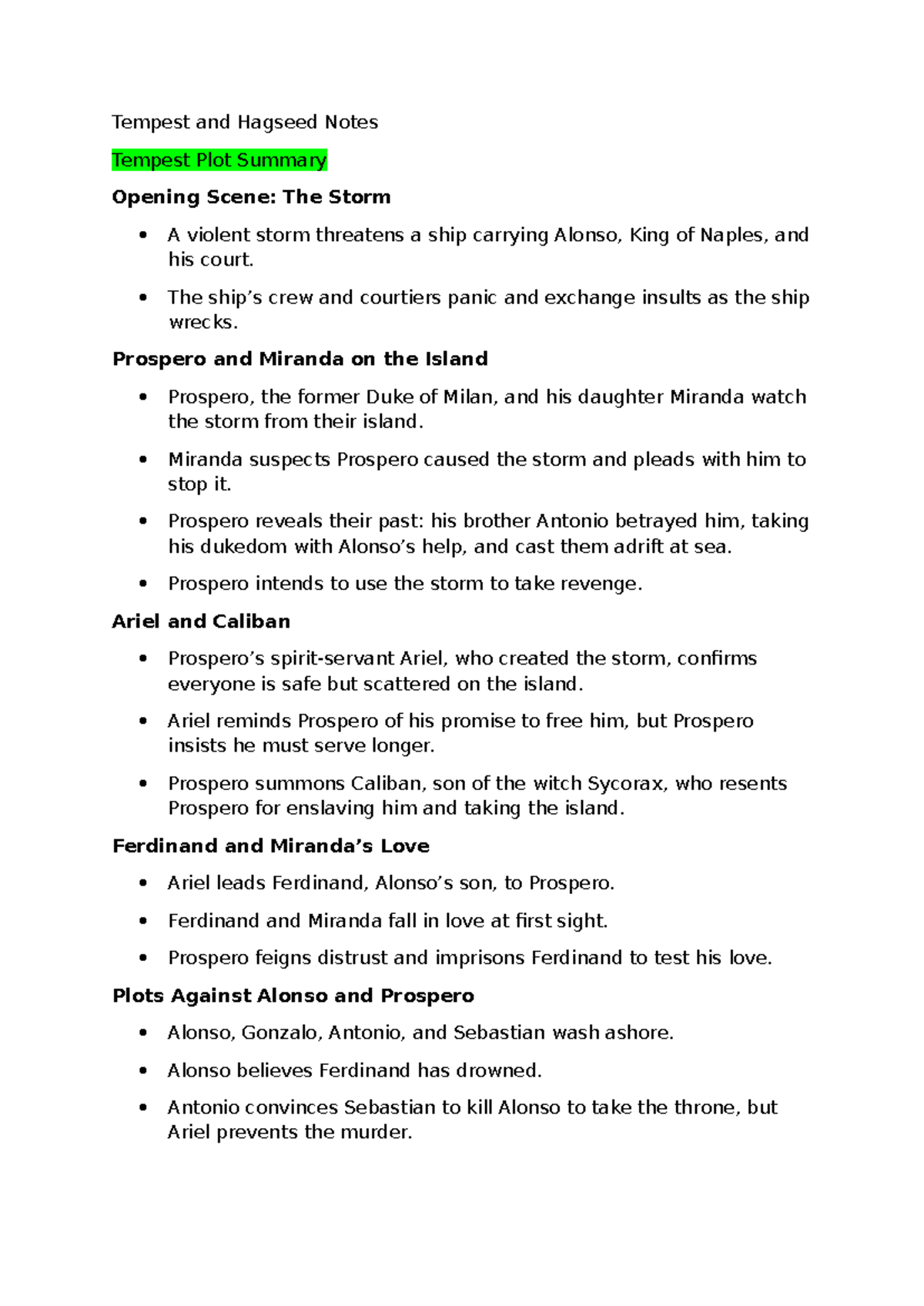 Tempest and Hagseed: Plot Summary Notes for ENG 101 - Studocu