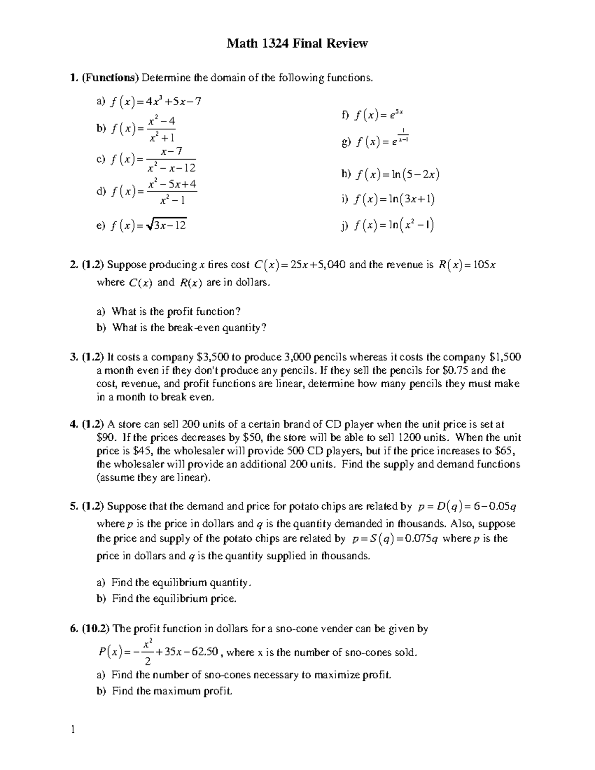 MATH 1324 Final Review FA23 - (Functions) Determine the domain of the ...