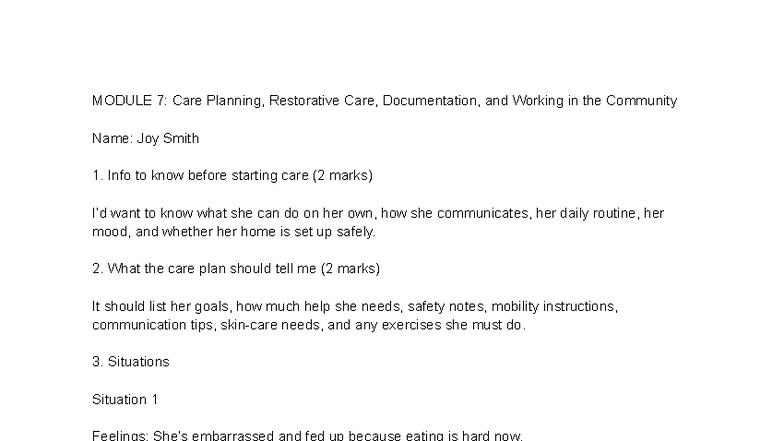PSW Module 7: Care Planning & Community Support for Joy Smith - Studocu