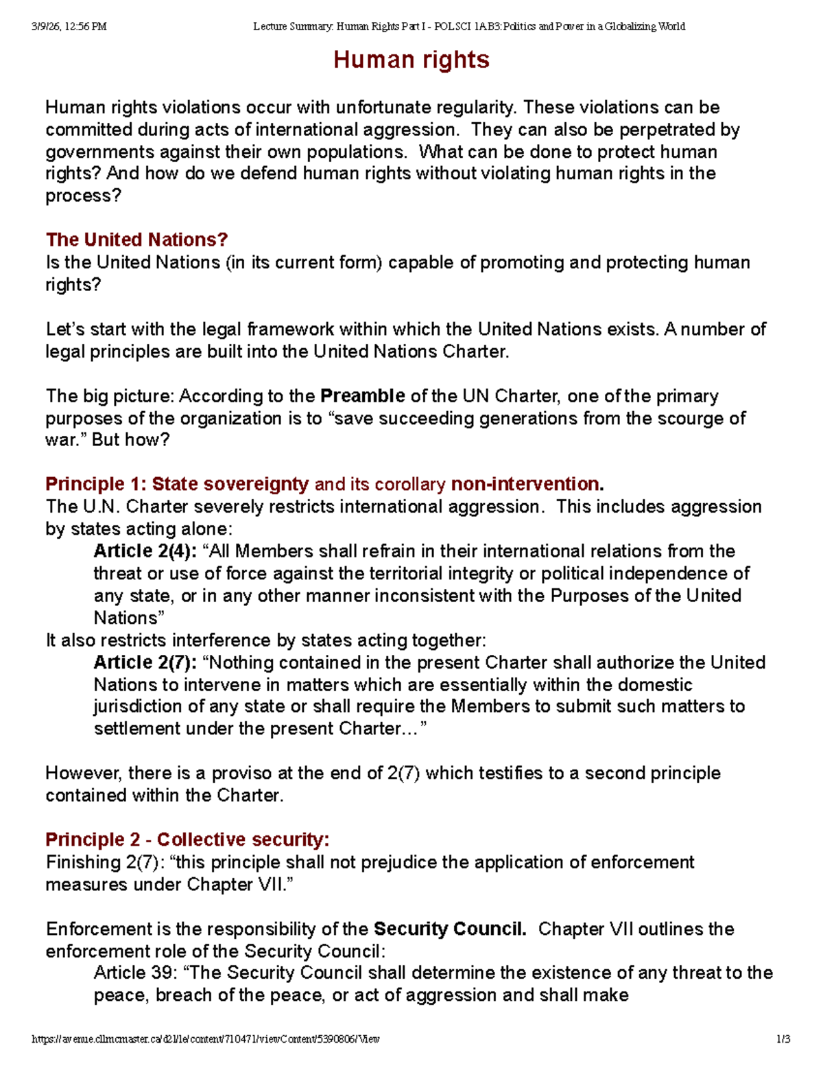 POLSCI 1AB3 Lecture Summary: Human Rights Part I Overview - Studocu