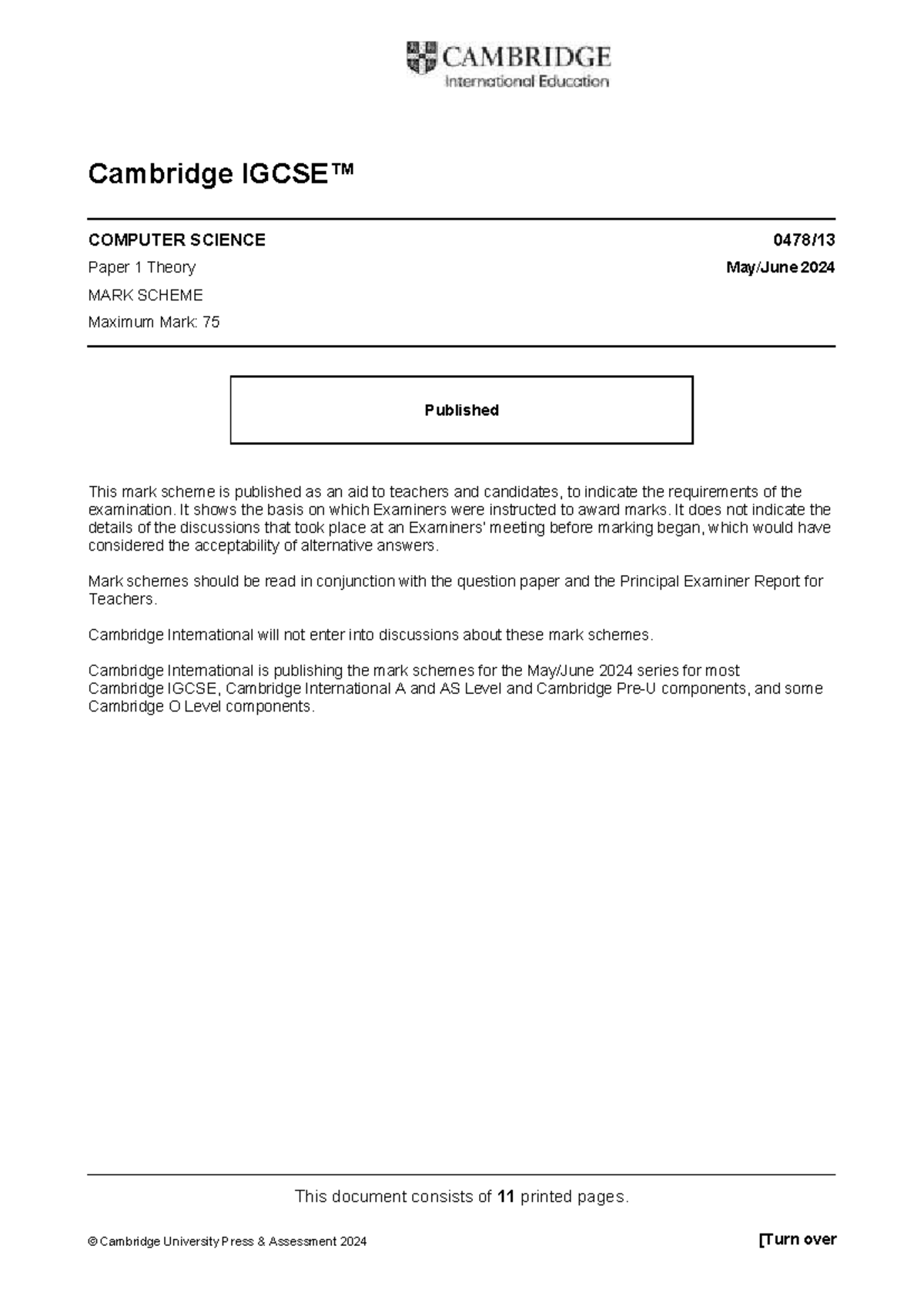 Cambridge IGCSE Computer Science 0478 Paper 1 Theory 2024 Mark Scheme ...