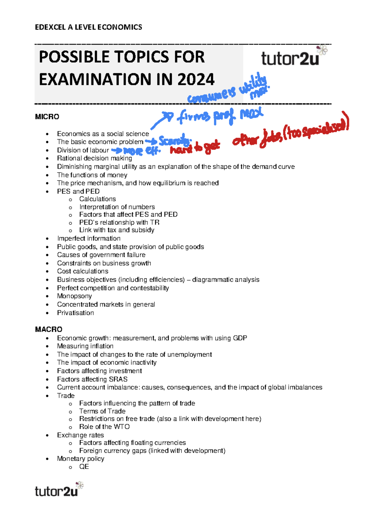 EDEXCEL A LEVEL ECONOMICS 2024 Possible Exam Topics Overview - Studocu