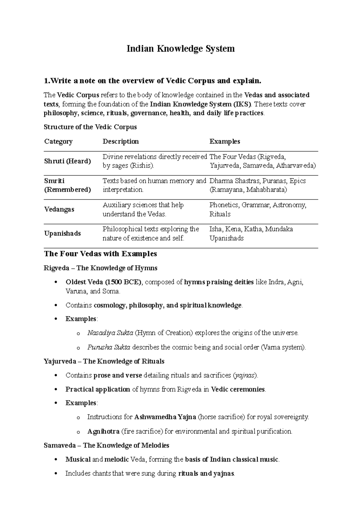 1IKS Final Exam Notes: Overview of the Vedic Corpus and Its Fields ...