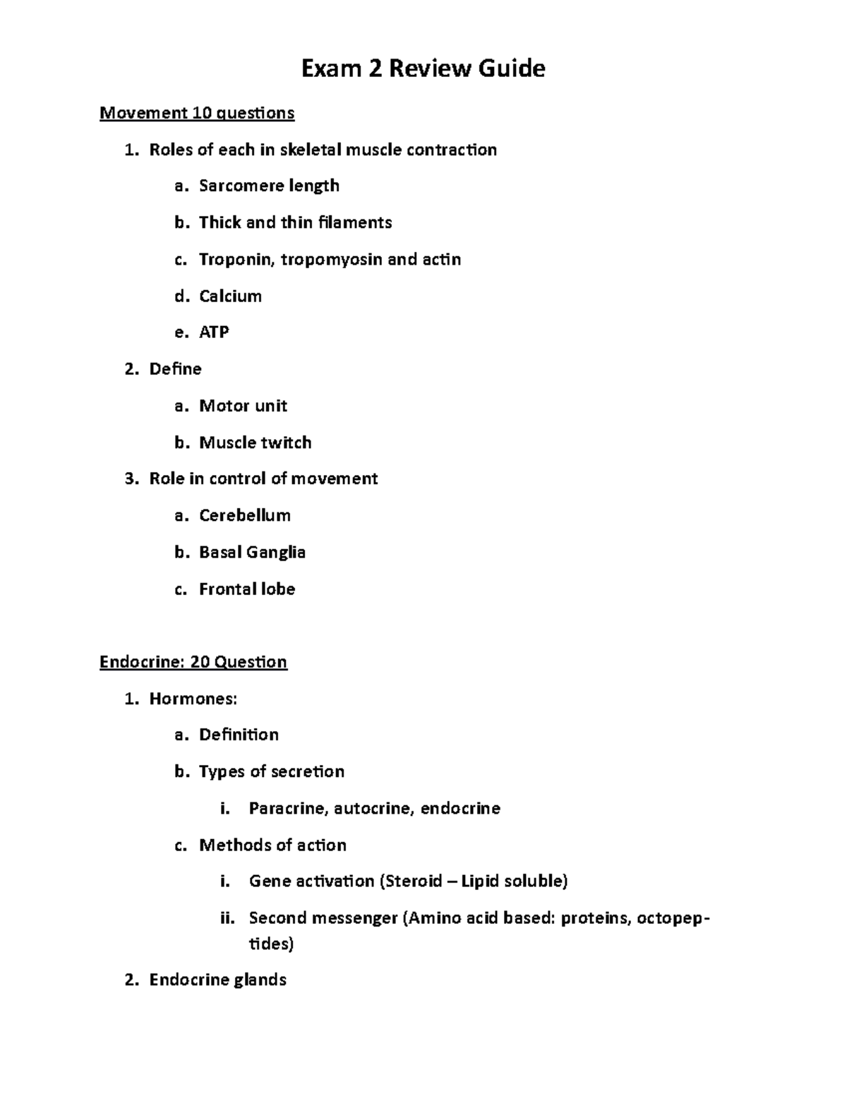 Movement and Endocrine Systems: 10 Qs Each - Bio 2301 Study Guide - Studocu