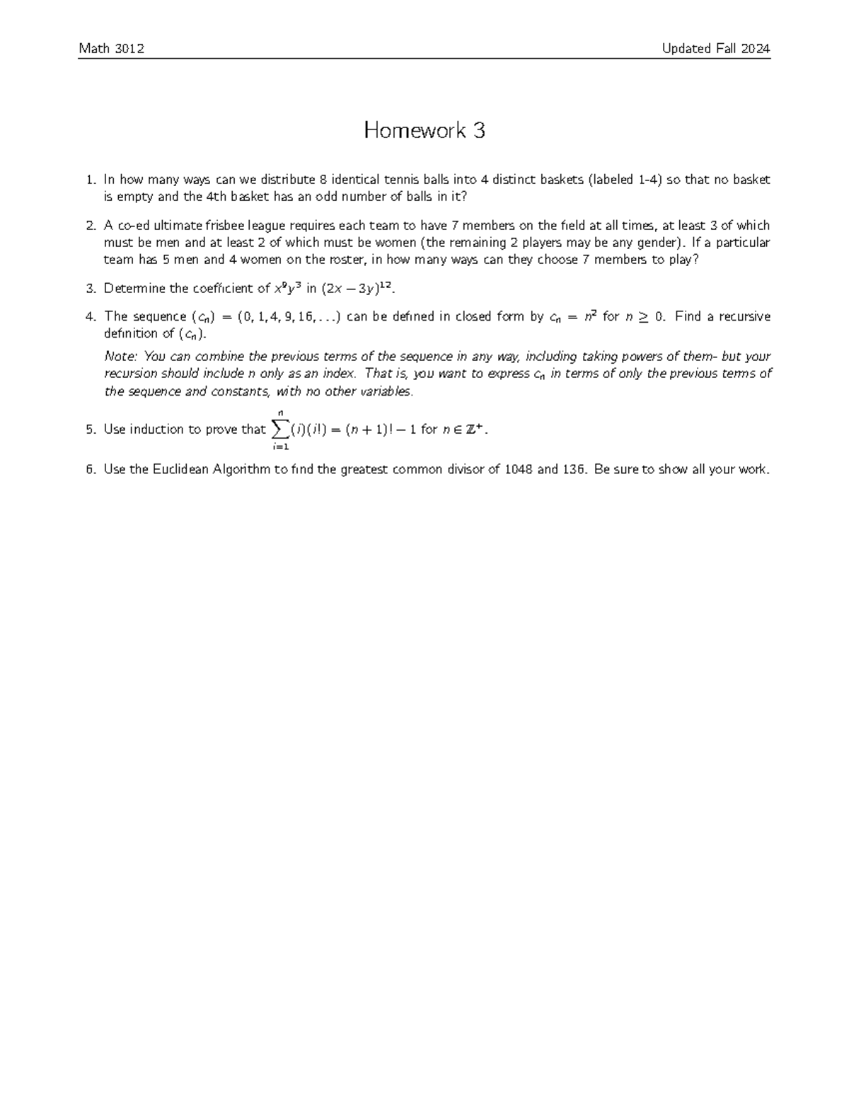 Math 3012 Fall 2024 Homework 3 - Combinatorics Problems - Studocu