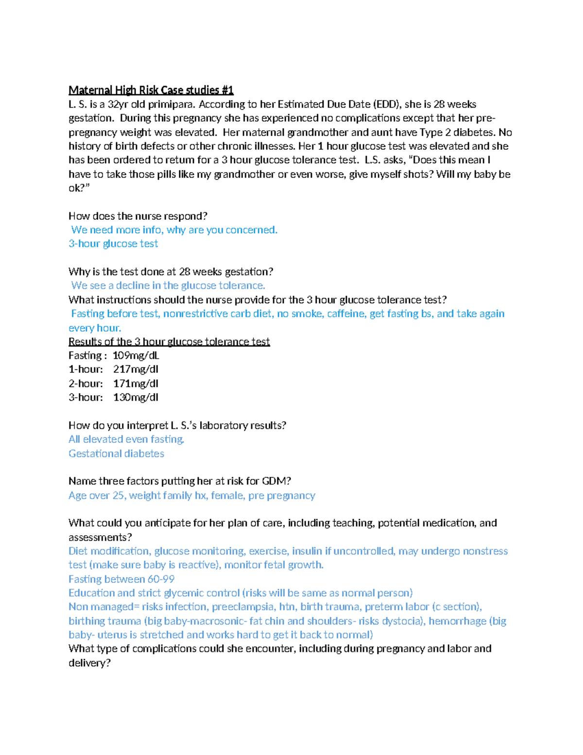 NUR 4450 Maternal High Risk Case studies #1 students - Maternal High ...