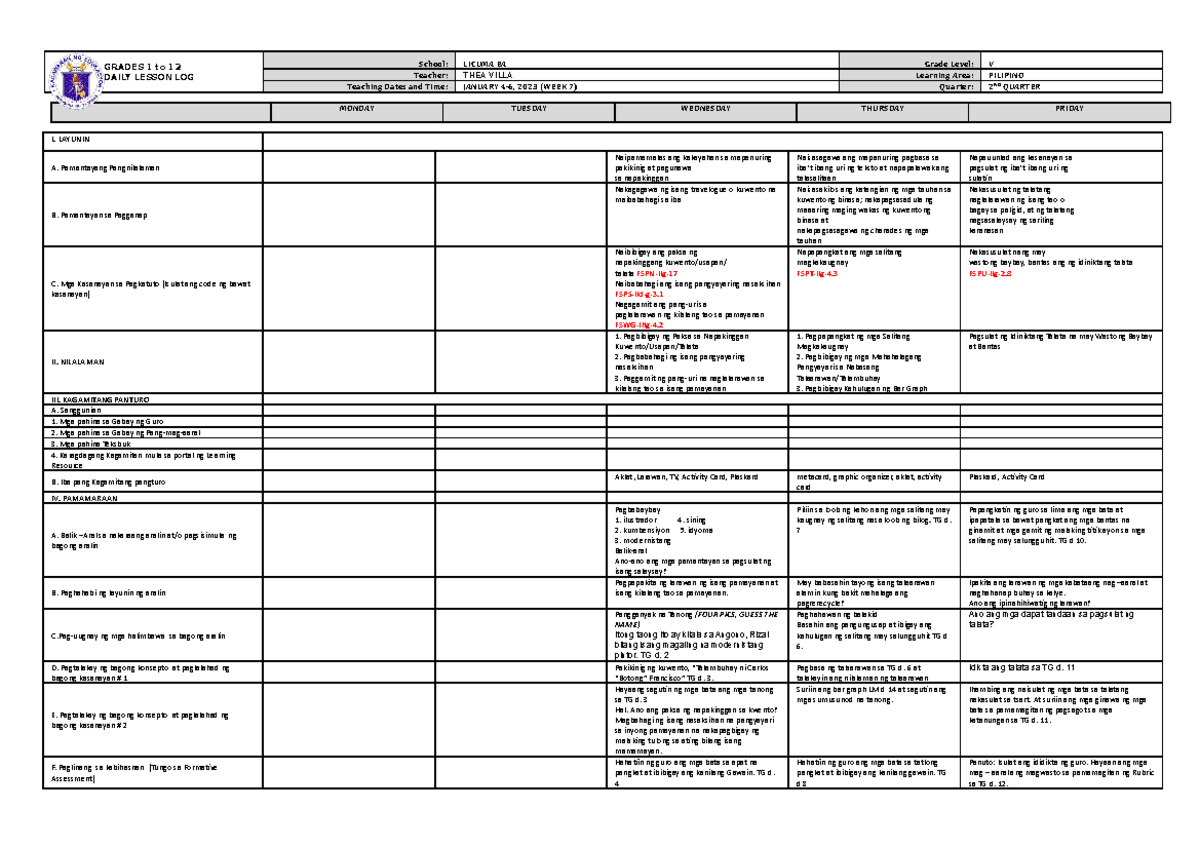 DLL Filipino 5 Q2 W7 - Daily Lesson Log and Activities - Studocu