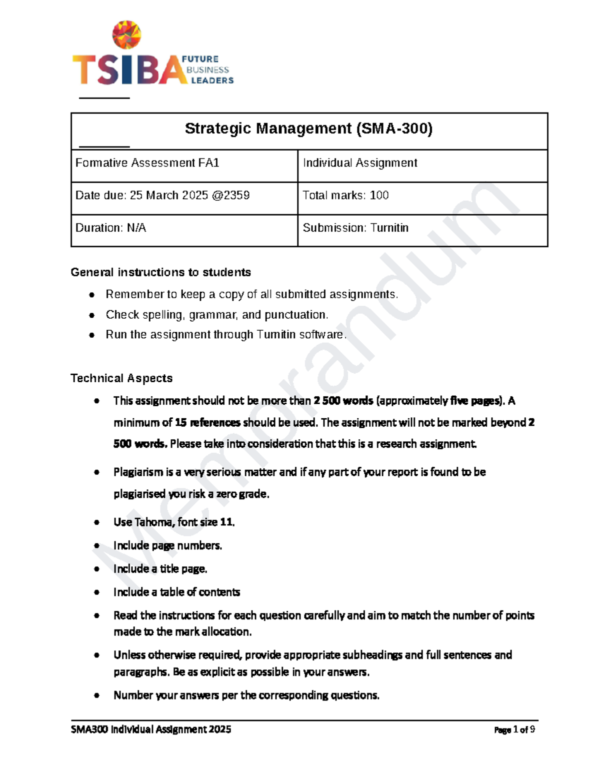 SMA300 2025 FA1 Assignment.docx - Google Docs - Memorandum Strategic ...