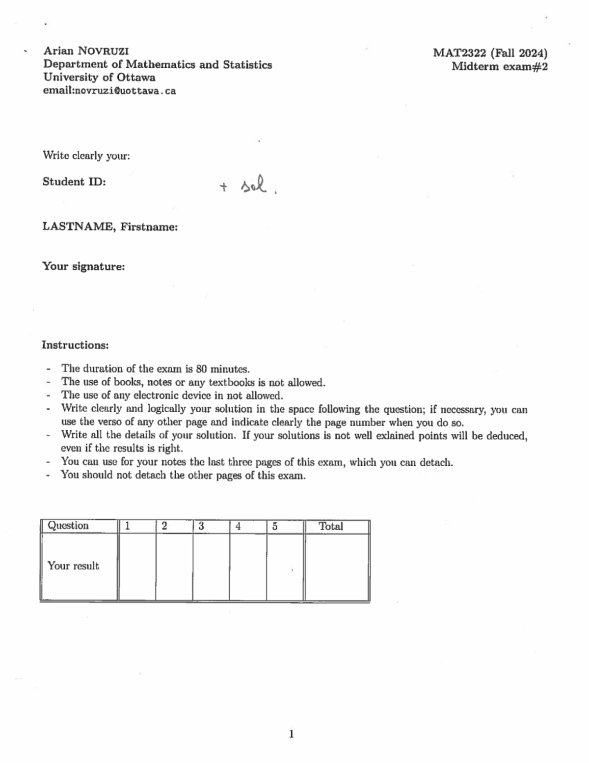 MAT2322 Midterm Exam 2 Solutions - Fall 2024 Study Guide - Studocu