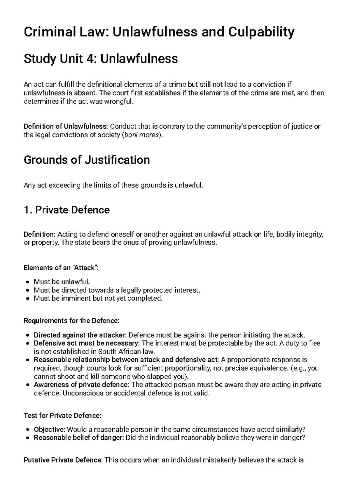 Criminal Law Study Unit 4: Unlawfulness & Culpability Overview - Studocu