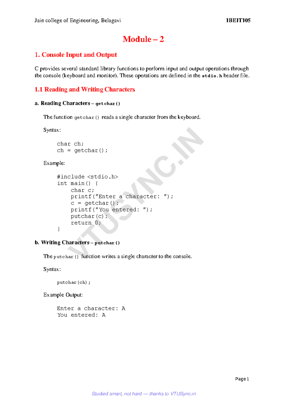 1BEIT105 - Module 2 - Console Input/Output in C Programming - Studocu