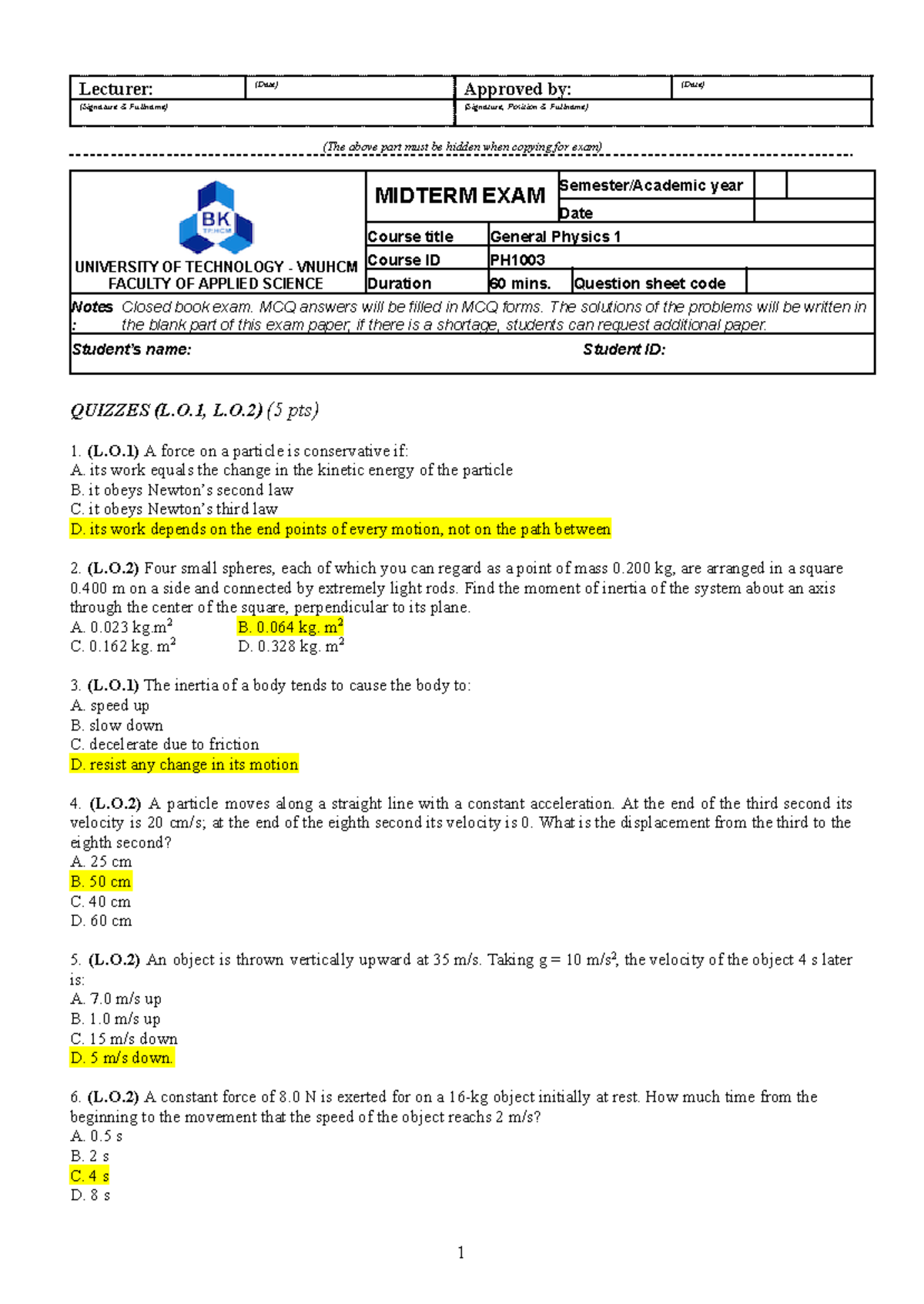 Sample Midterm Exam PH1003: General Physics 1 - Studocu