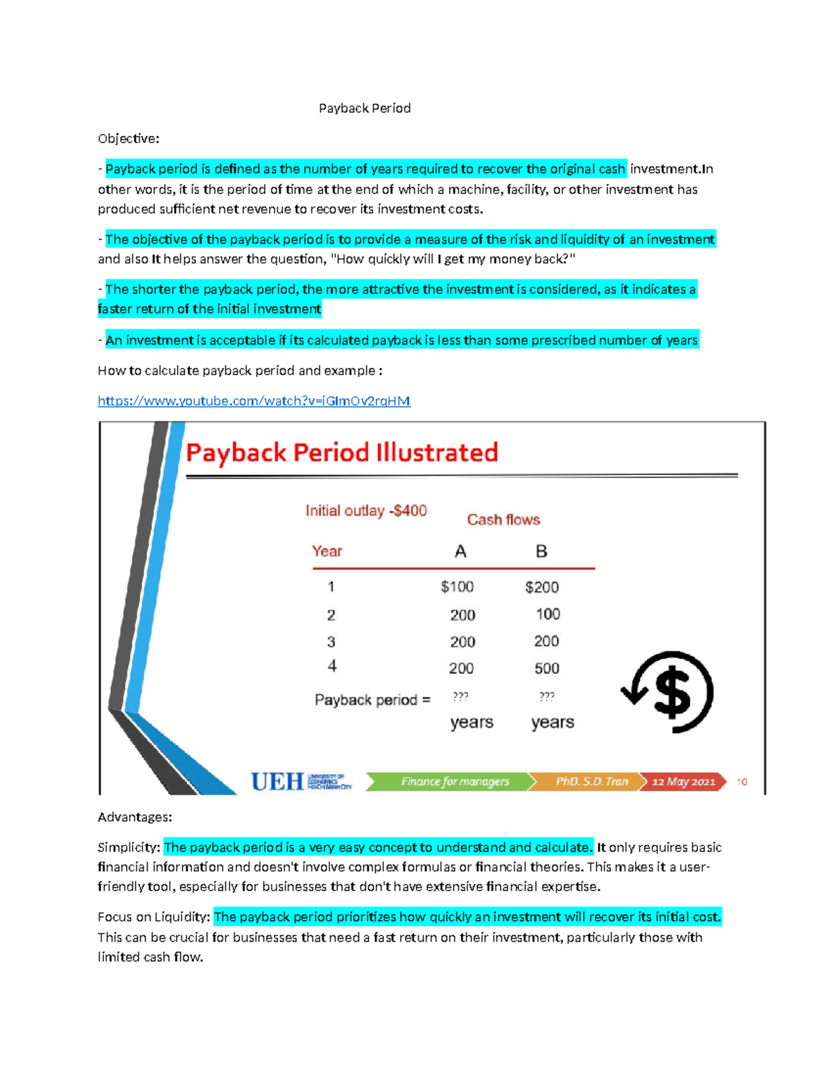 Payback Period - dddqcaxaaasxewv - Payback Period Objective: Payback ...