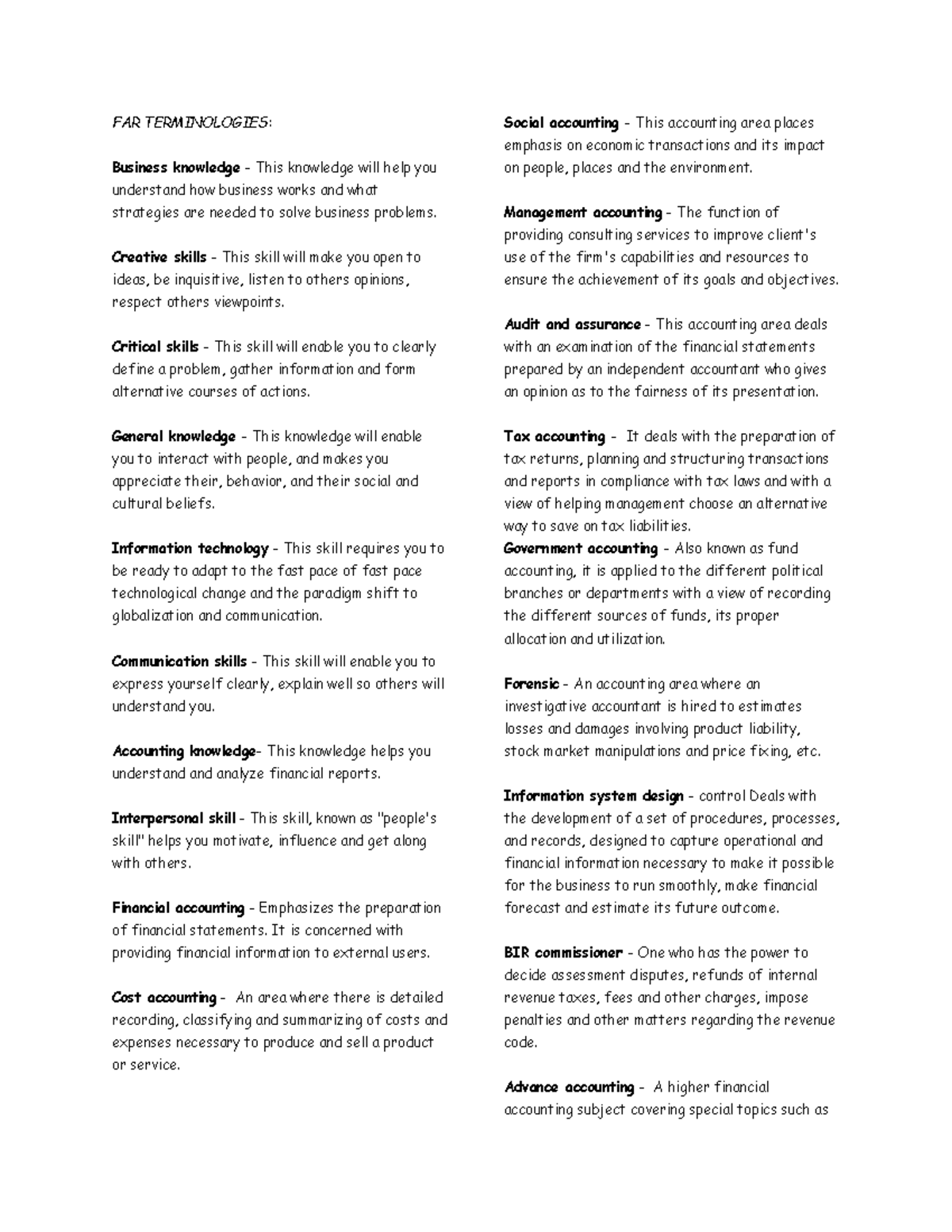 FAR Terminologies: Key Concepts in Social Accounting and Business - Studocu