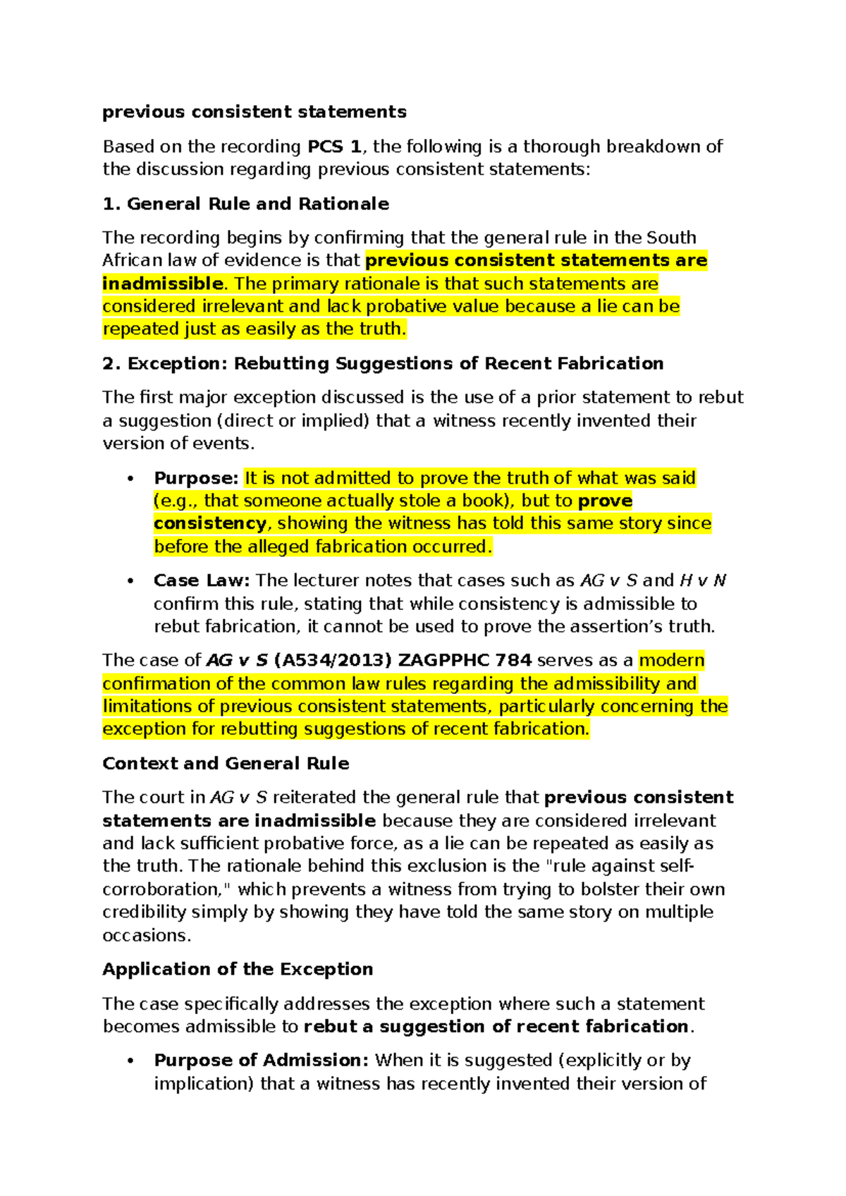 Study Notes on Previous Consistent Statements (PCS 1 & PriP 1) - Studocu