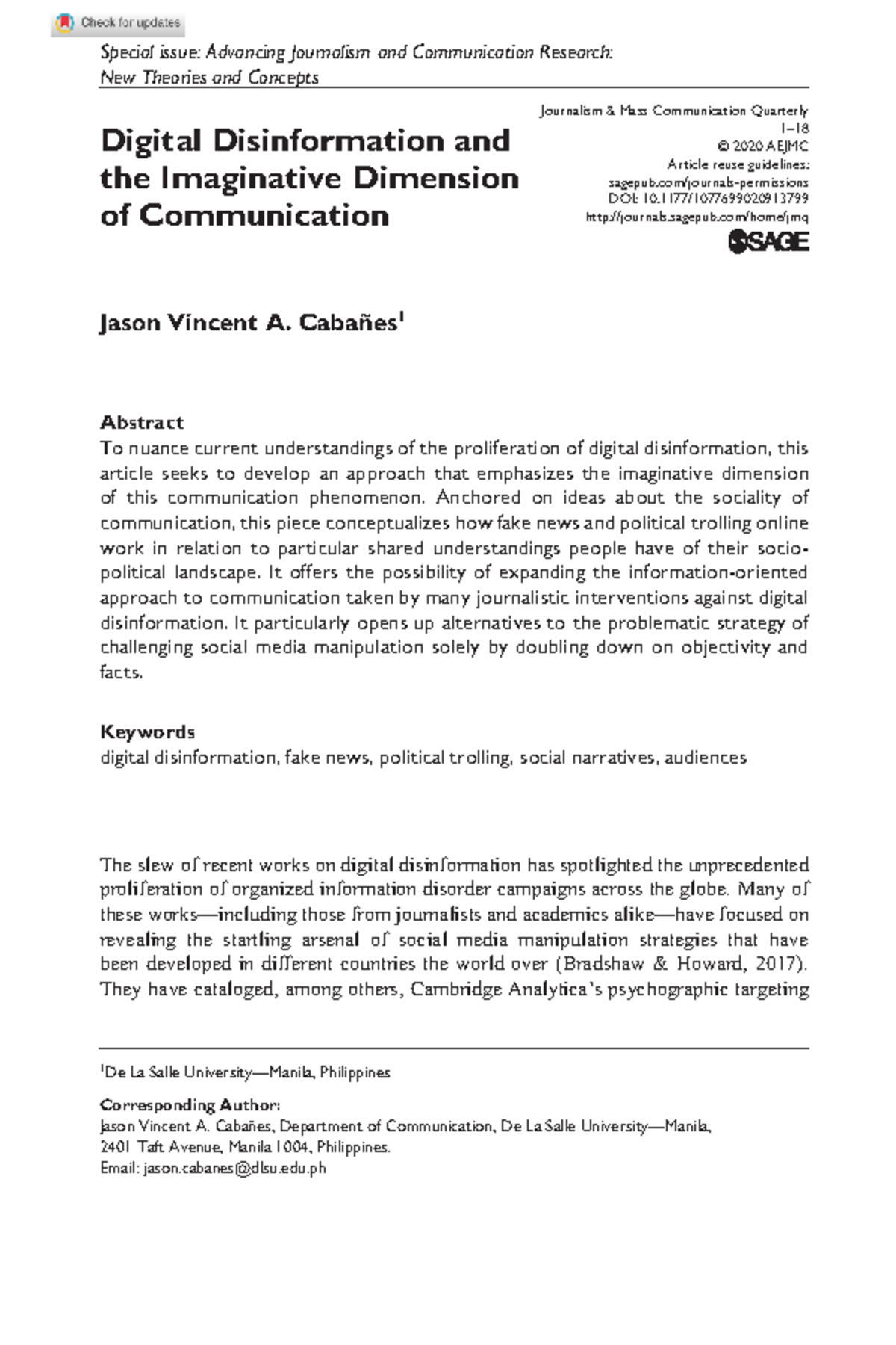 RPH Digital Disinformation: Exploring the Imaginative Communication ...