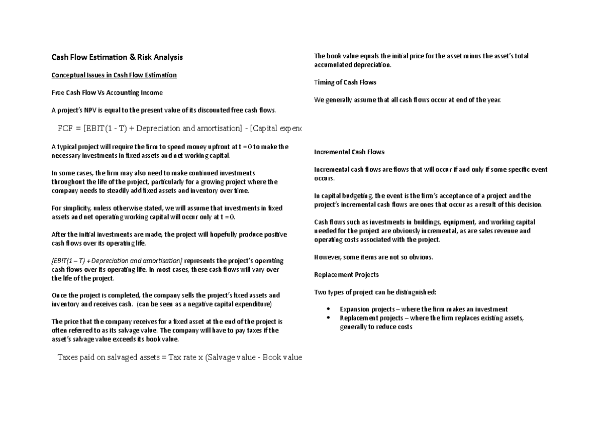 Cash Flow Estimation & Risk Analysis - Personal Study Notes - Studocu