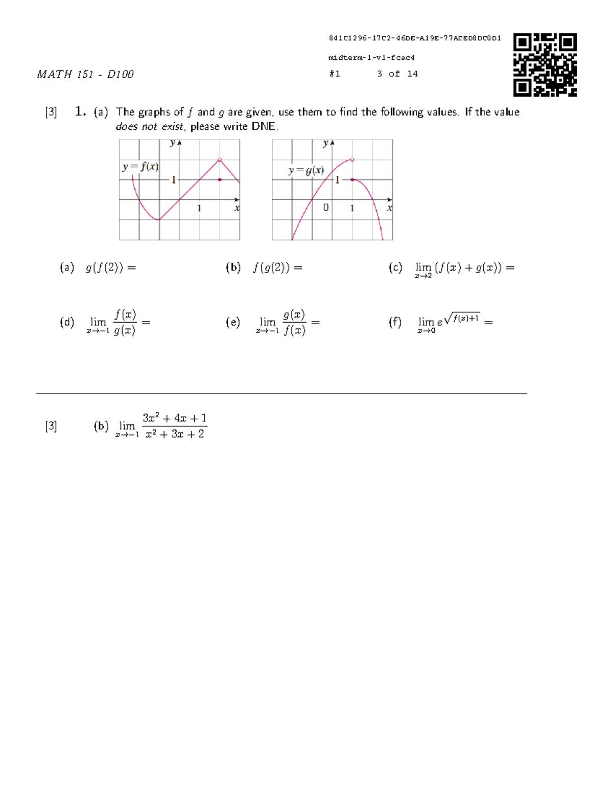 MATH 151 D100 Midterm Practice: Limits and Continuity Concepts - Studocu