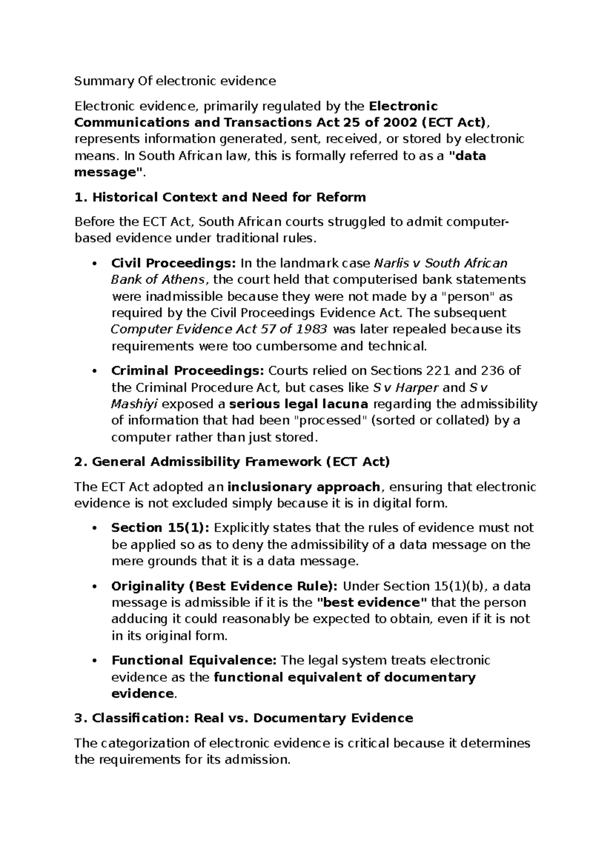 Summary of Electronic Evidence: Insights on ECT Act 25 of 2002 - Studocu