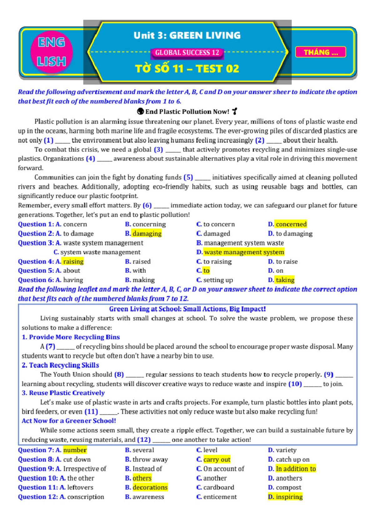 Unit 3: Green Living - Test 2 for 11th Grade Students - Studocu
