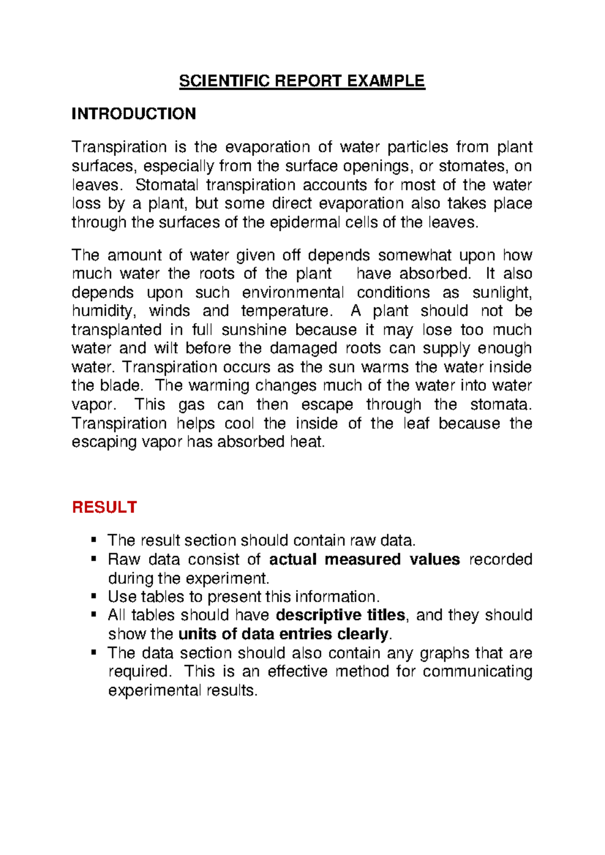 Lab Report Table Discussion - SCIENTIFIC REPORT EXAMPLE INTRODUCTION ...